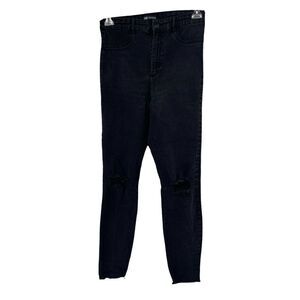 Zara Super High Rise Jeans Black Skinny Distressed Size 10 Punk Rock Stretch